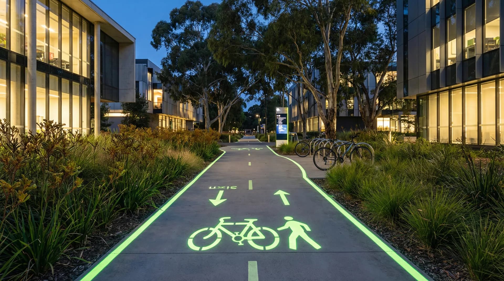 University campus walkway with solar bollard lights providing safe illumination at night