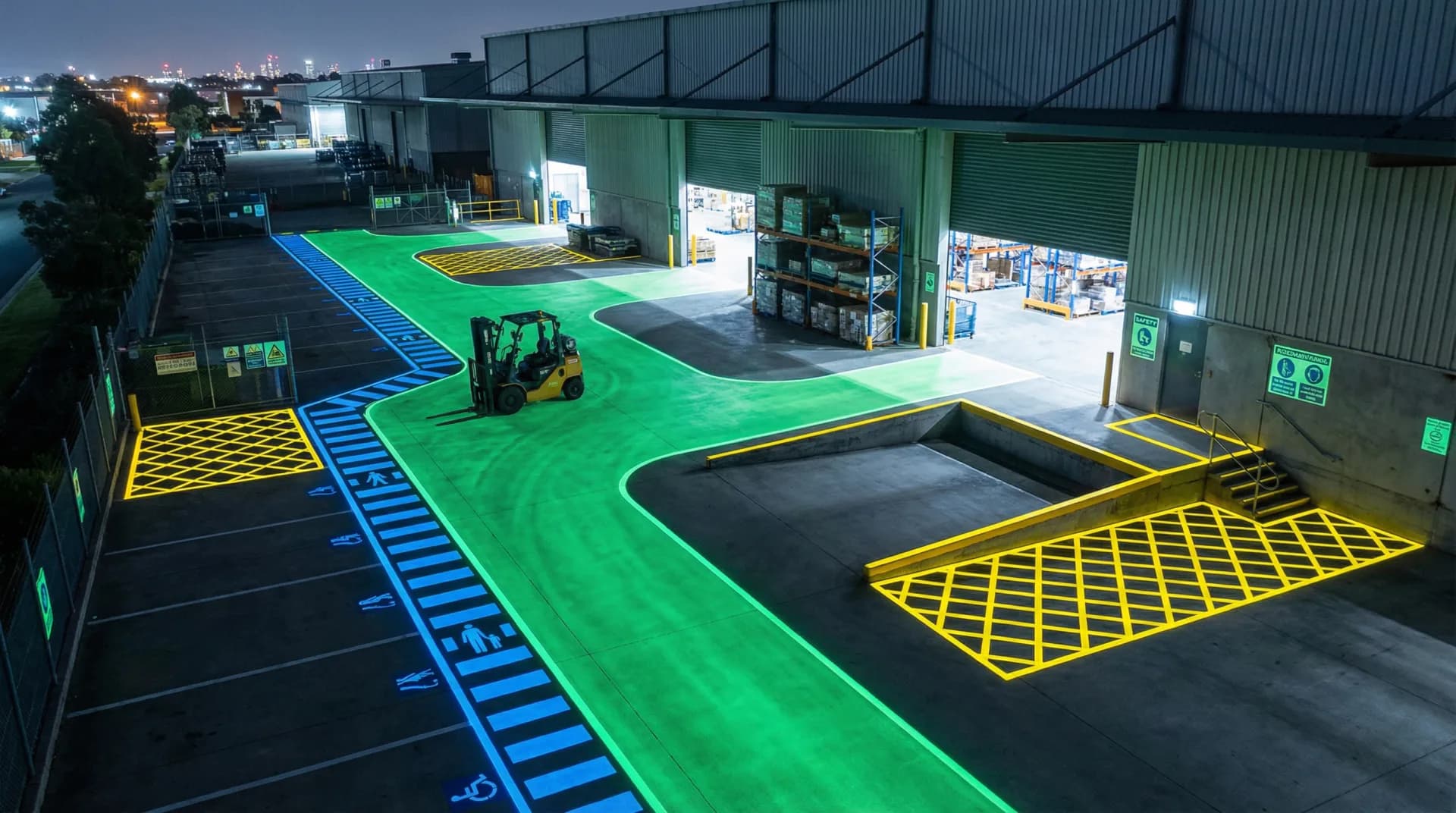 Industrial yard with solar lighting illuminating loading dock at night
