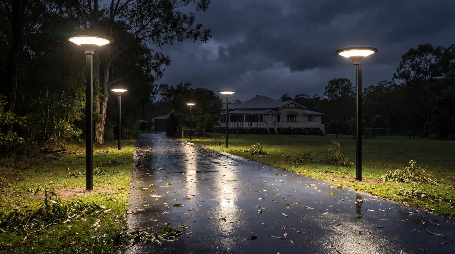 SO-AREA solar area light providing grid-independent illumination during a power outage while neighbouring houses are dark