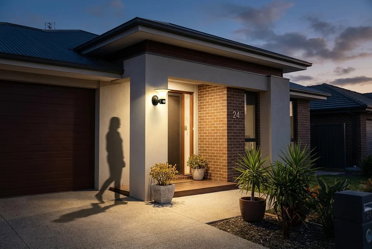 Solar wall light providing motion-activated security lighting at a home entry during an Australian power outage