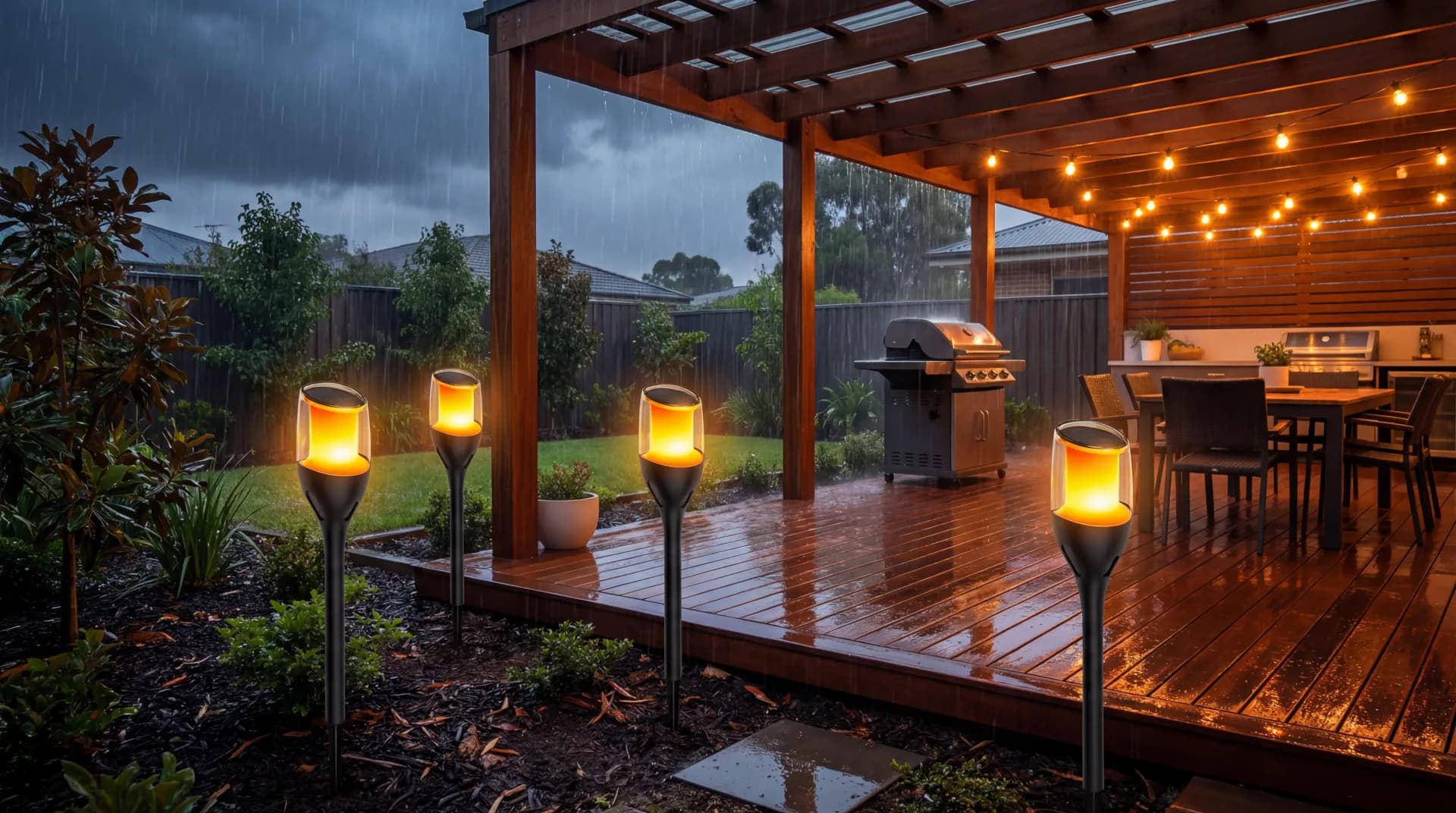Solar flame lights providing cosy emergency ambience lighting on a covered patio during an Australian storm