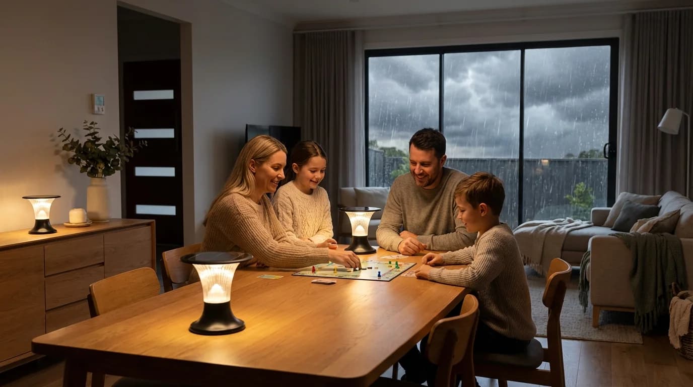 Australian family playing board games together using portable solar lights during a power outage while rain falls outside