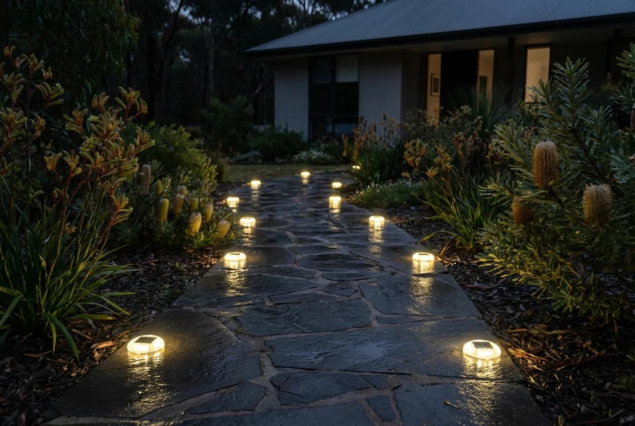 Solar path markers providing safe navigation through a residential pathway during a power outage in Australia