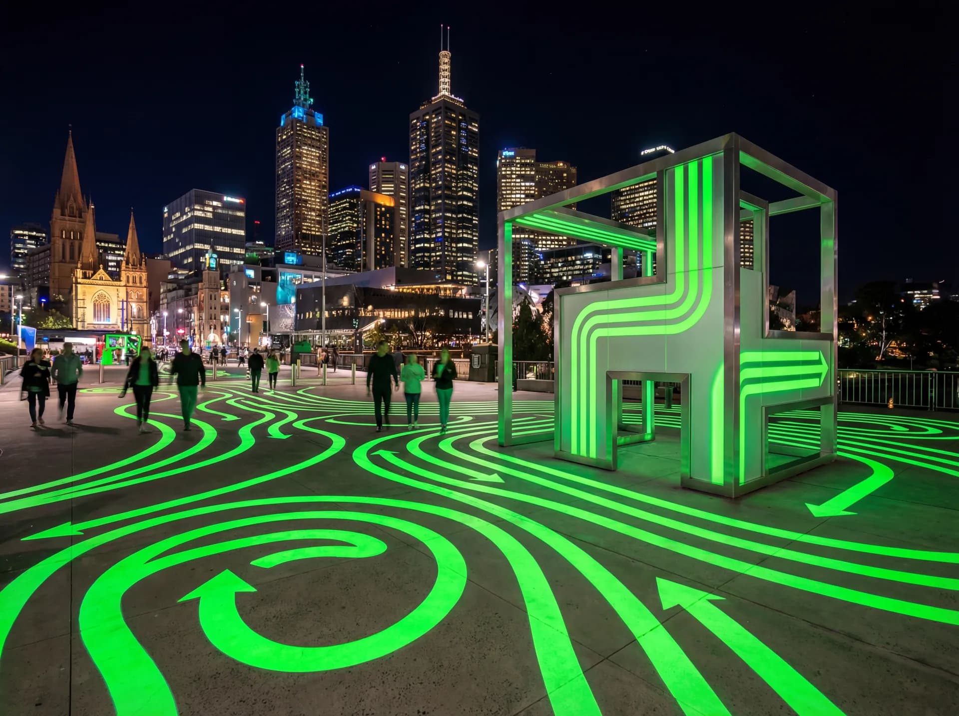 Photoluminescent urban art installation glowing at night, combining wayfinding and public art