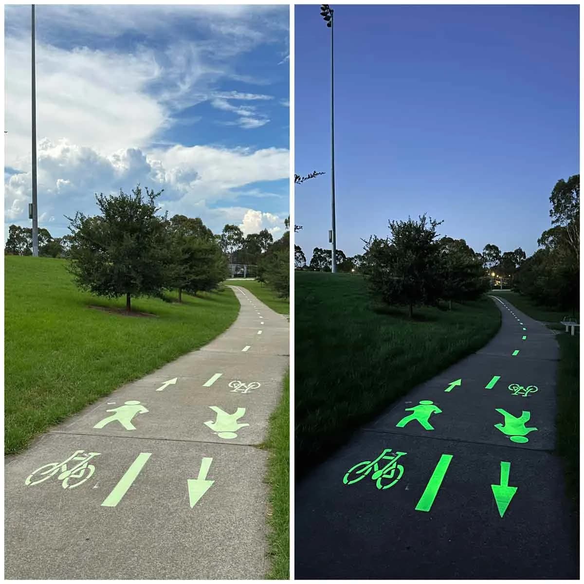 LuminoKrom photoluminescent path marking glowing at night in Blacktown