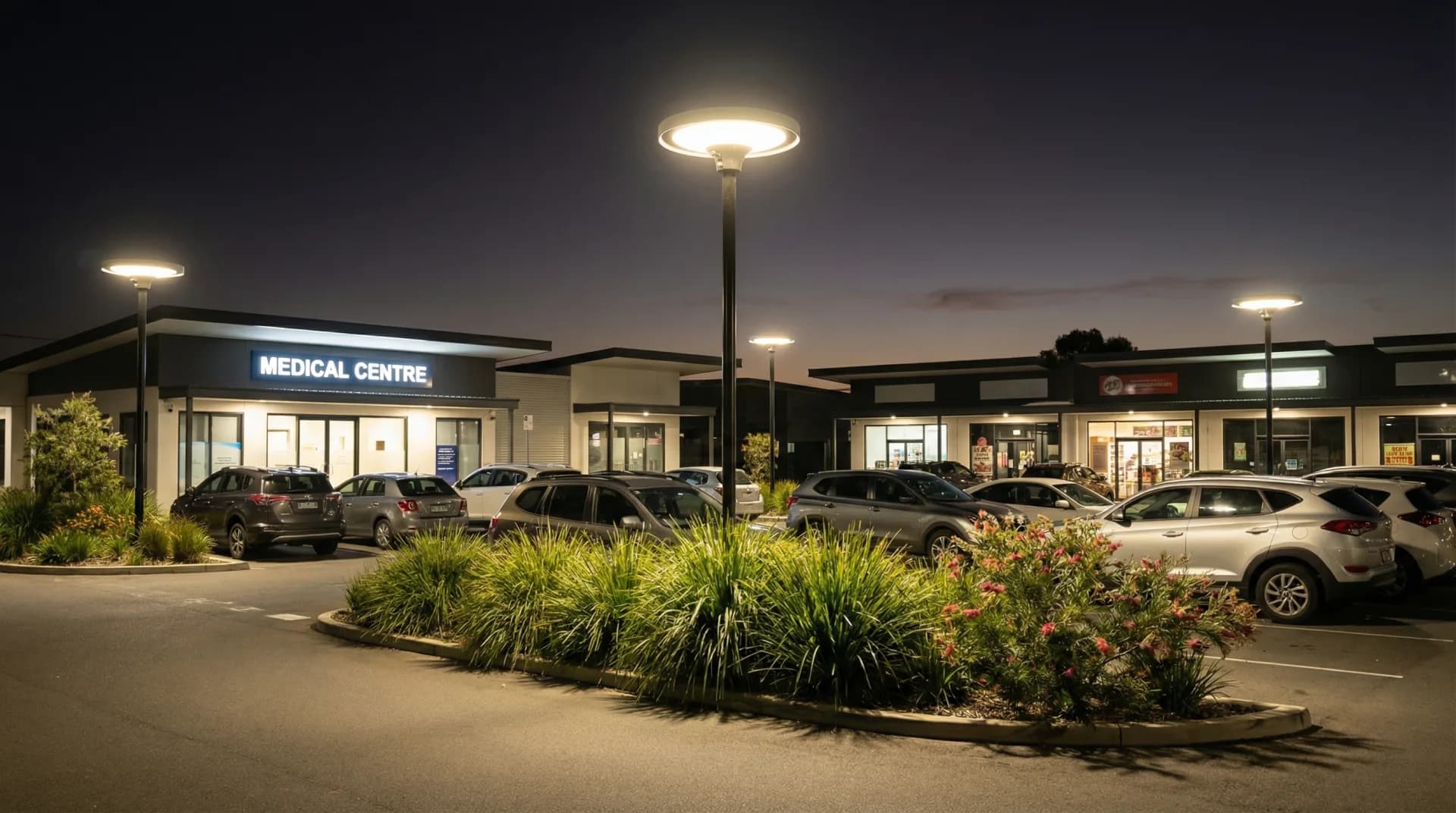 Solar area light installed in a commercial car park providing security illumination
